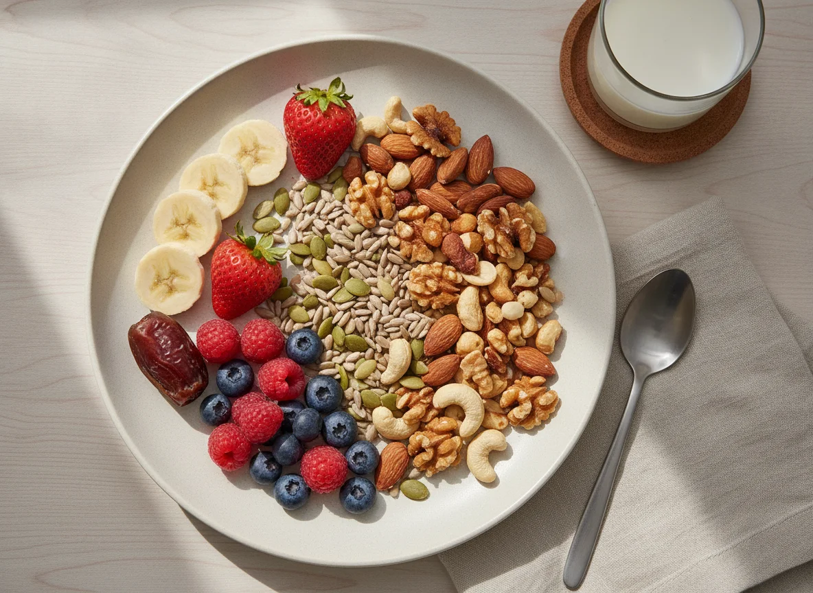 Fruit and Nut Breakfast Plate with Milk photo