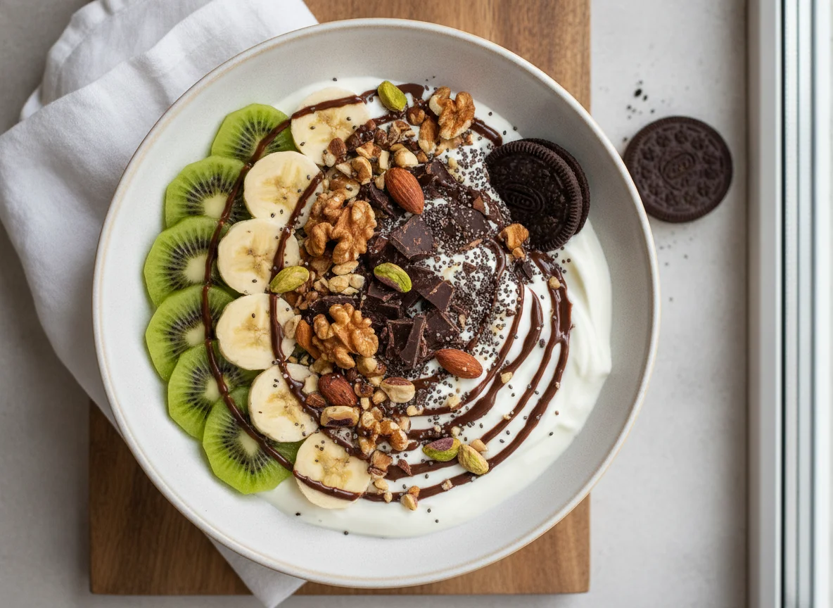 Fruit and Nut Yogurt Bowl with Chocolate photo