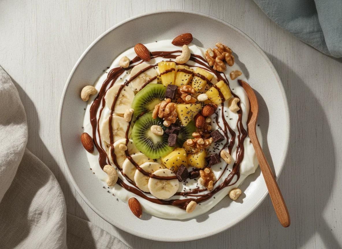 Fruit and Nut Yogurt Bowl with Chocolate Drizzle photo