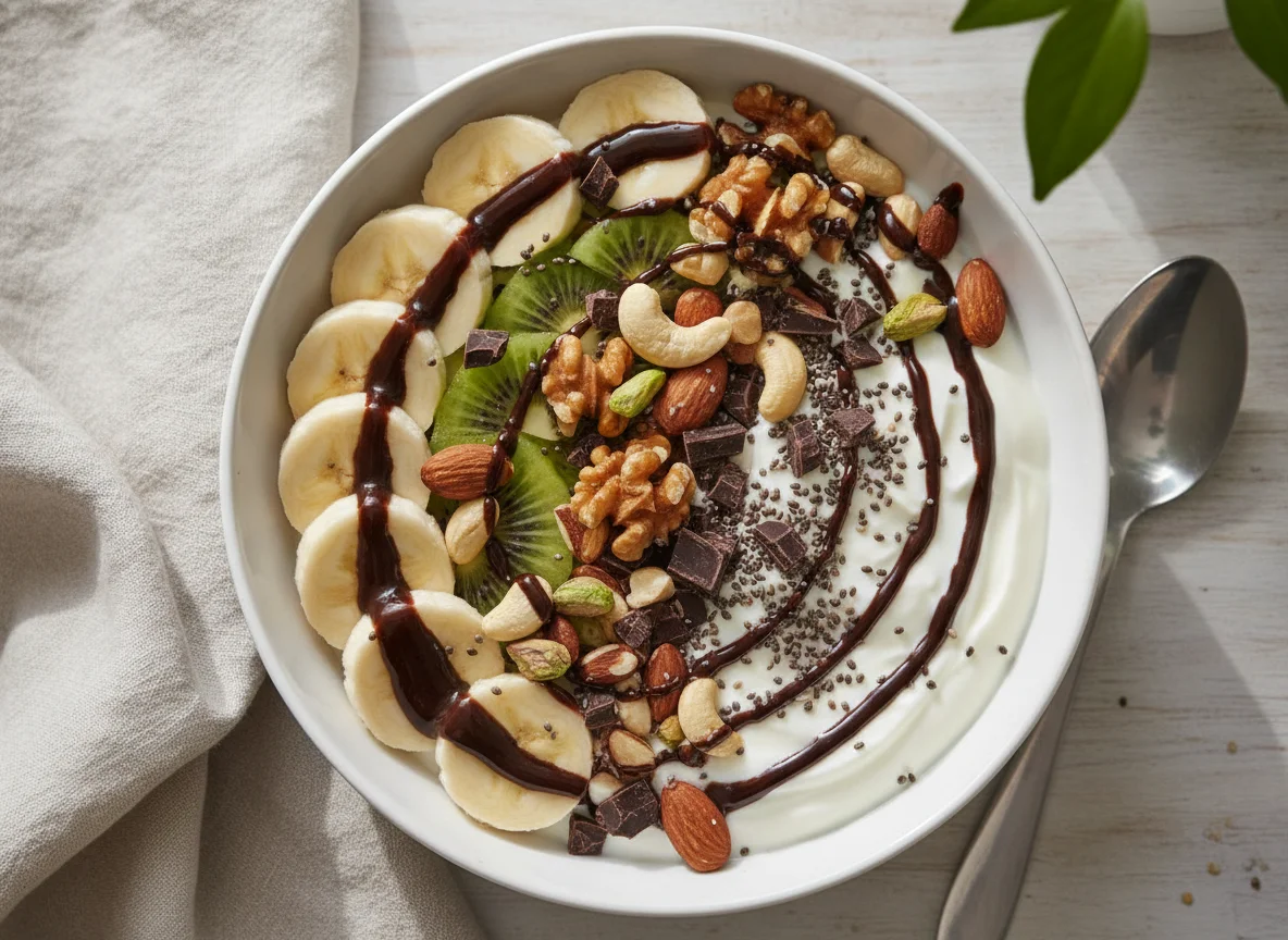 Fruit and Nut Yogurt Bowl with Chocolate Sauce photo