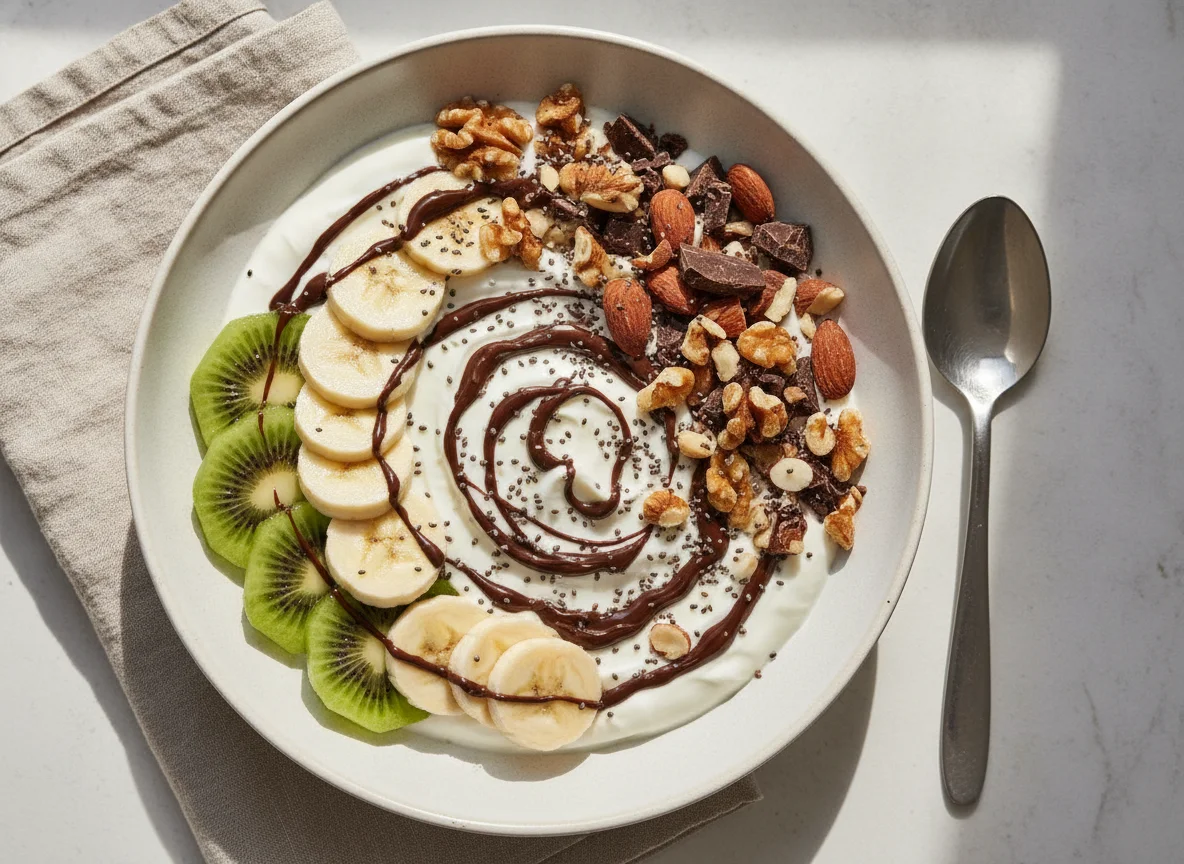 Fruit and Nut Yogurt Bowl with Chocolate Syrup photo