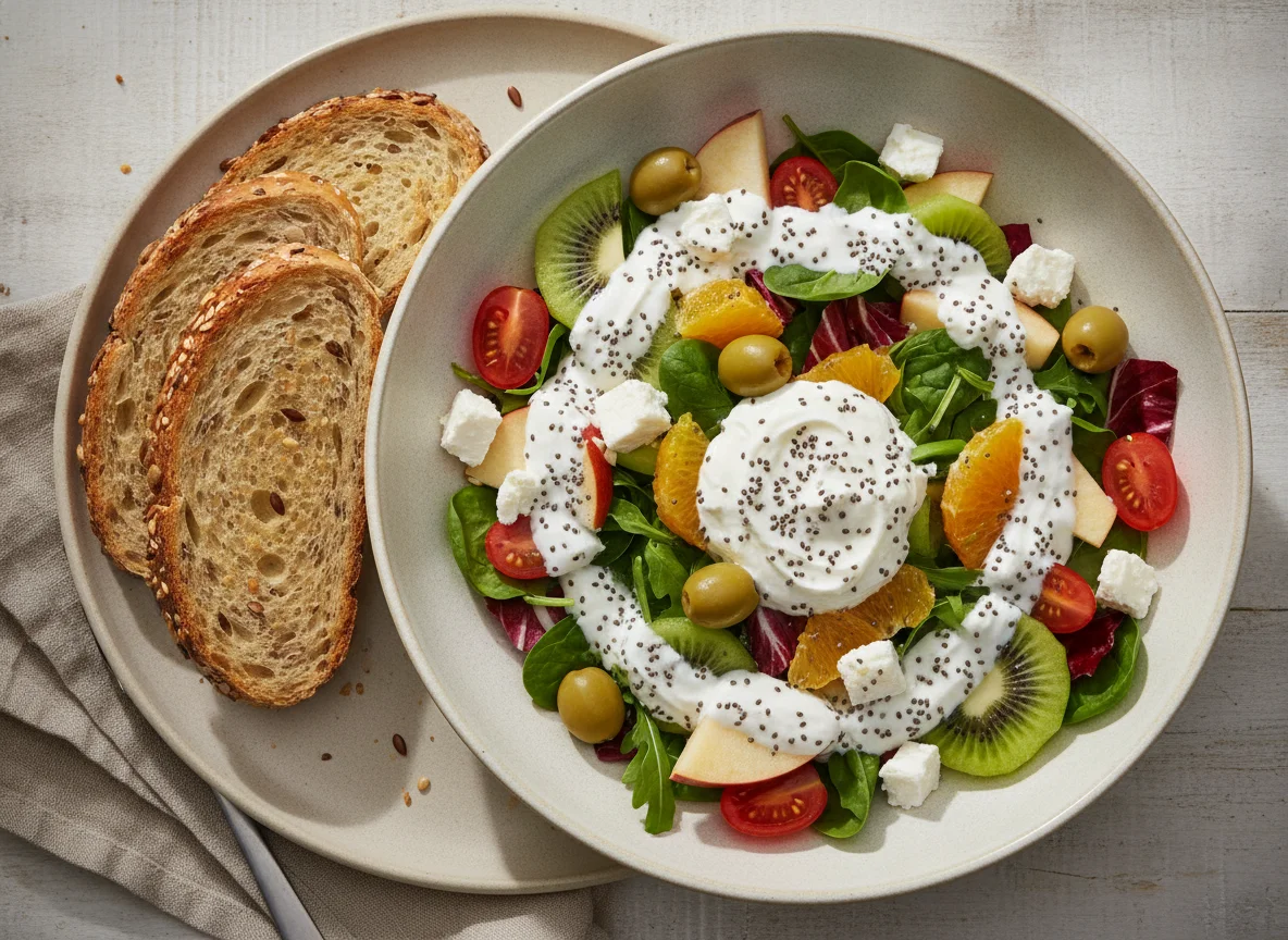 Fruit and Vegetable Salad with Yogurt Dressing and Toasted Seed Bread photo