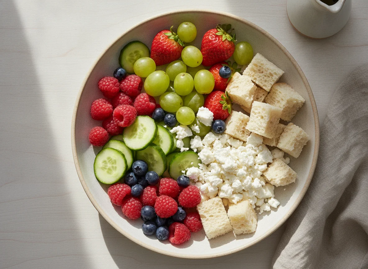 Fruit and Vegetable Snack Bowl with Cheese and Bread photo