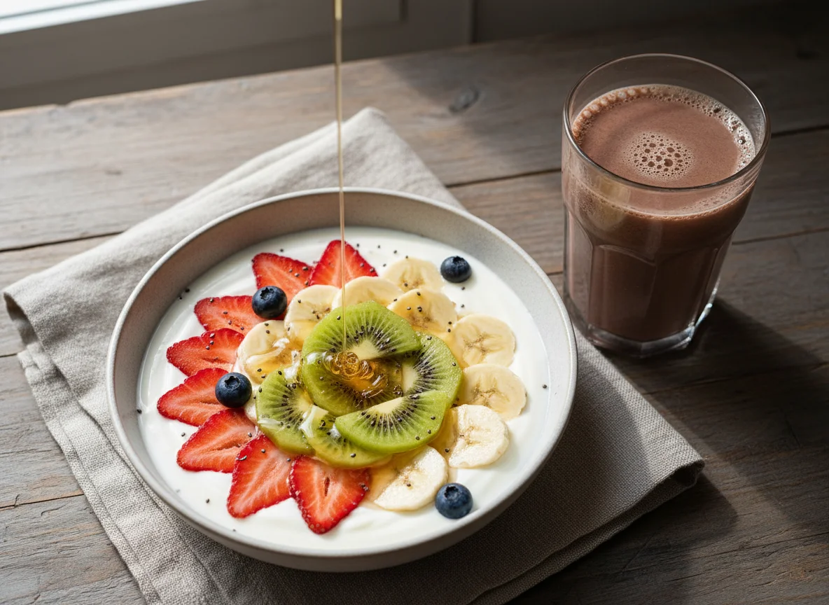 Fruit and Yogurt Bowl with Chocolate Milk photo