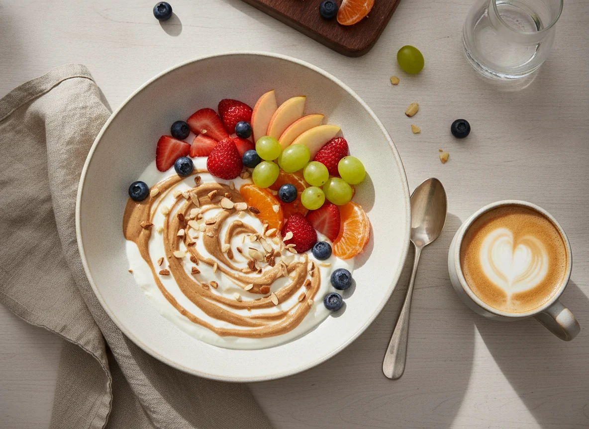 Fruit and Yogurt Bowl with Nut Butter and Coffee photo