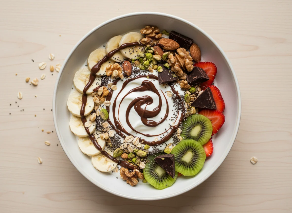 Fruit and Yogurt Bowl with Nuts and Chocolate photo