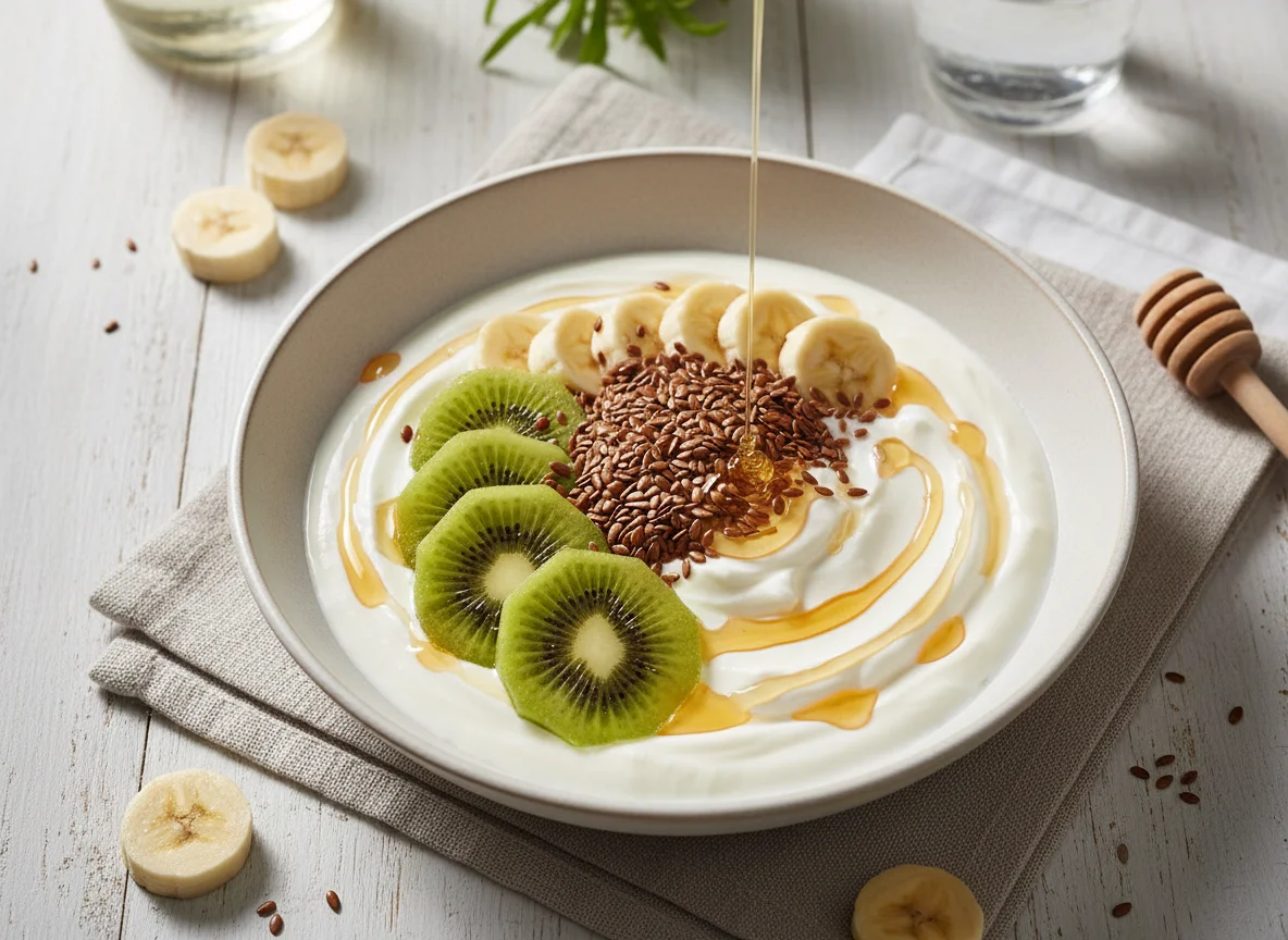 Fruit bowl with flax seeds and honey photo