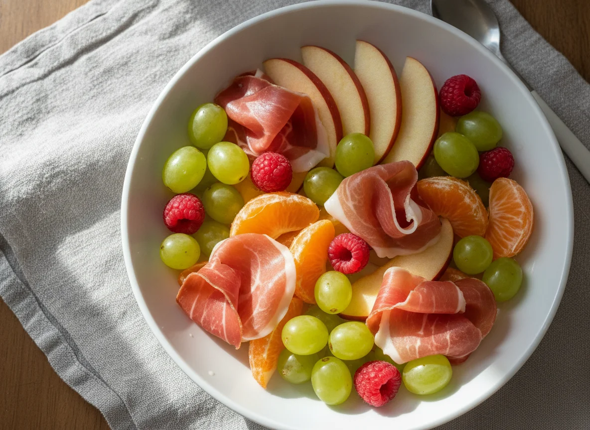 Fruit bowl with prosciutto photo