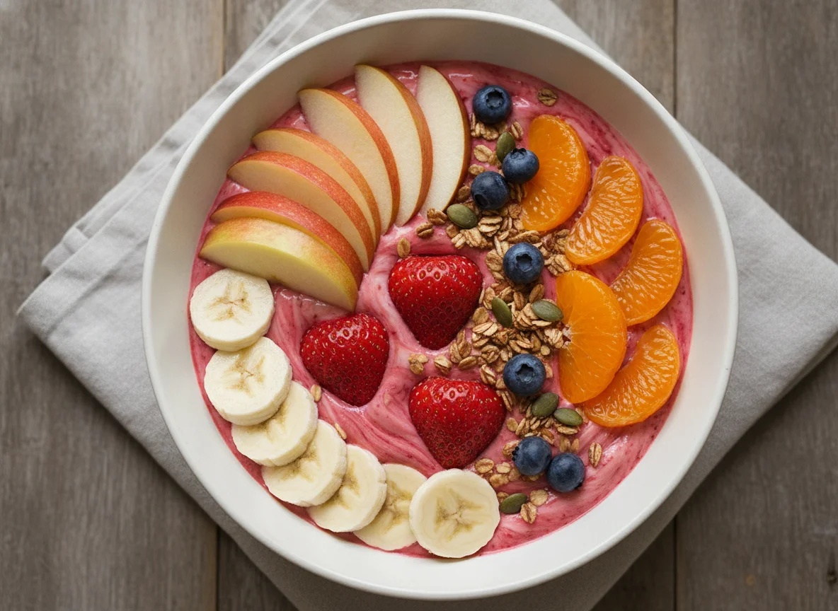 Fruit bowl with strawberry yogurt photo