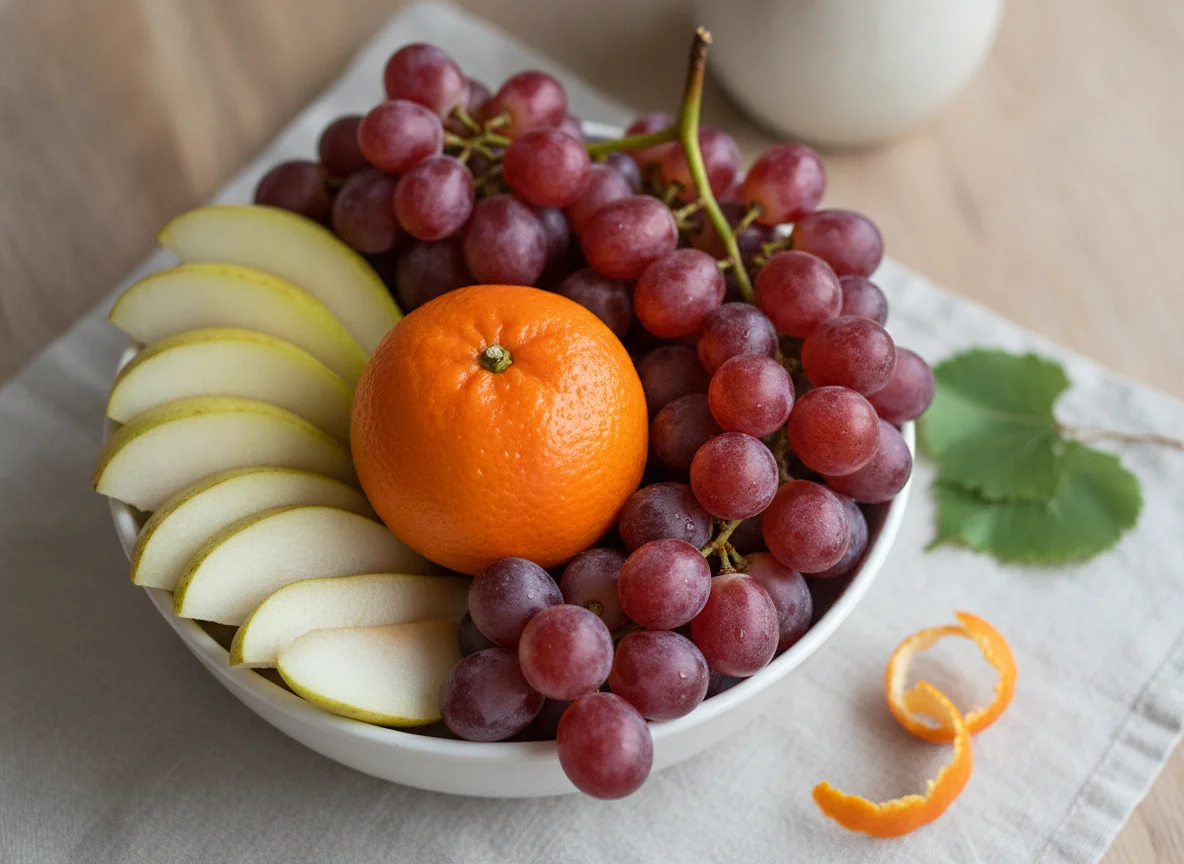 Fruit bowl with tangerine, pear, and grapes photo