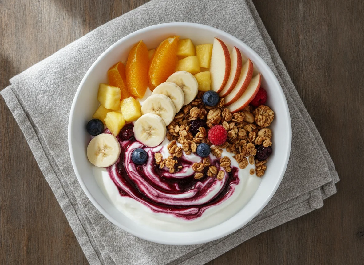 Fruit bowl with yogurt and granola photo