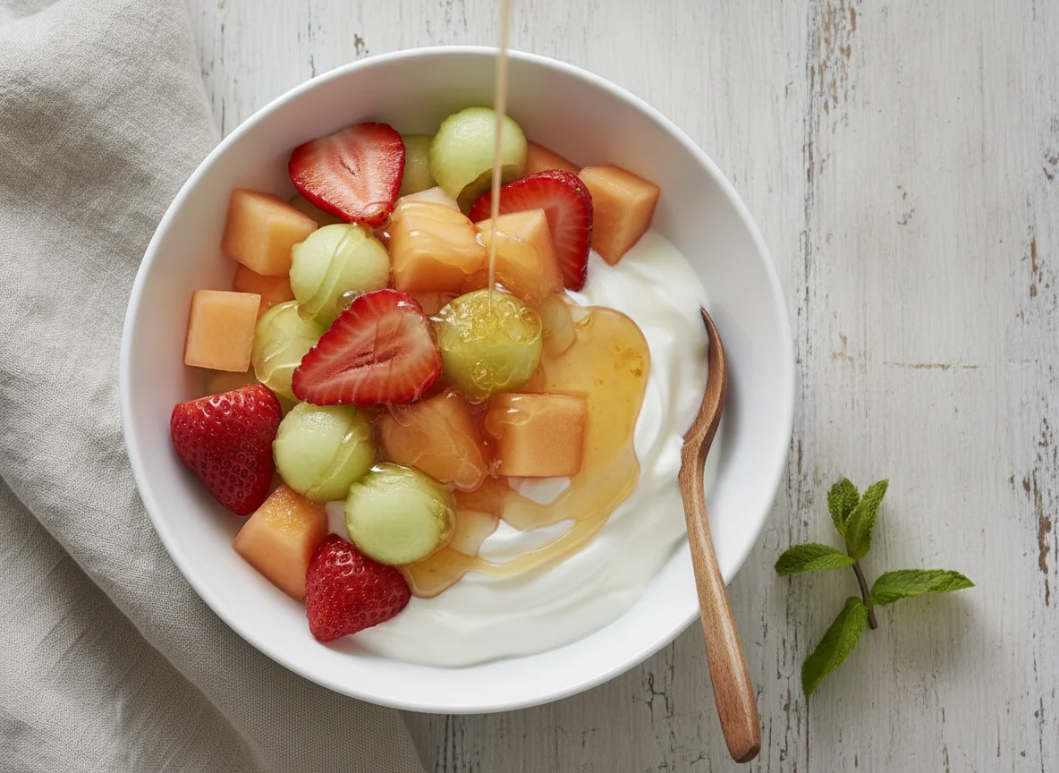 Fruit bowl with yogurt and honey photo