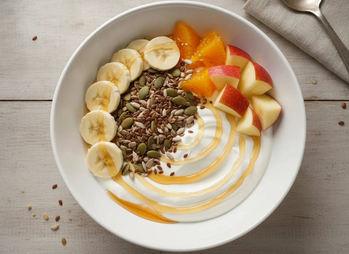Fruit bowl with yogurt and mixed seeds photo