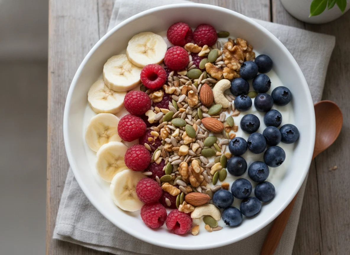 Fruit bowl with yogurt and seeds photo