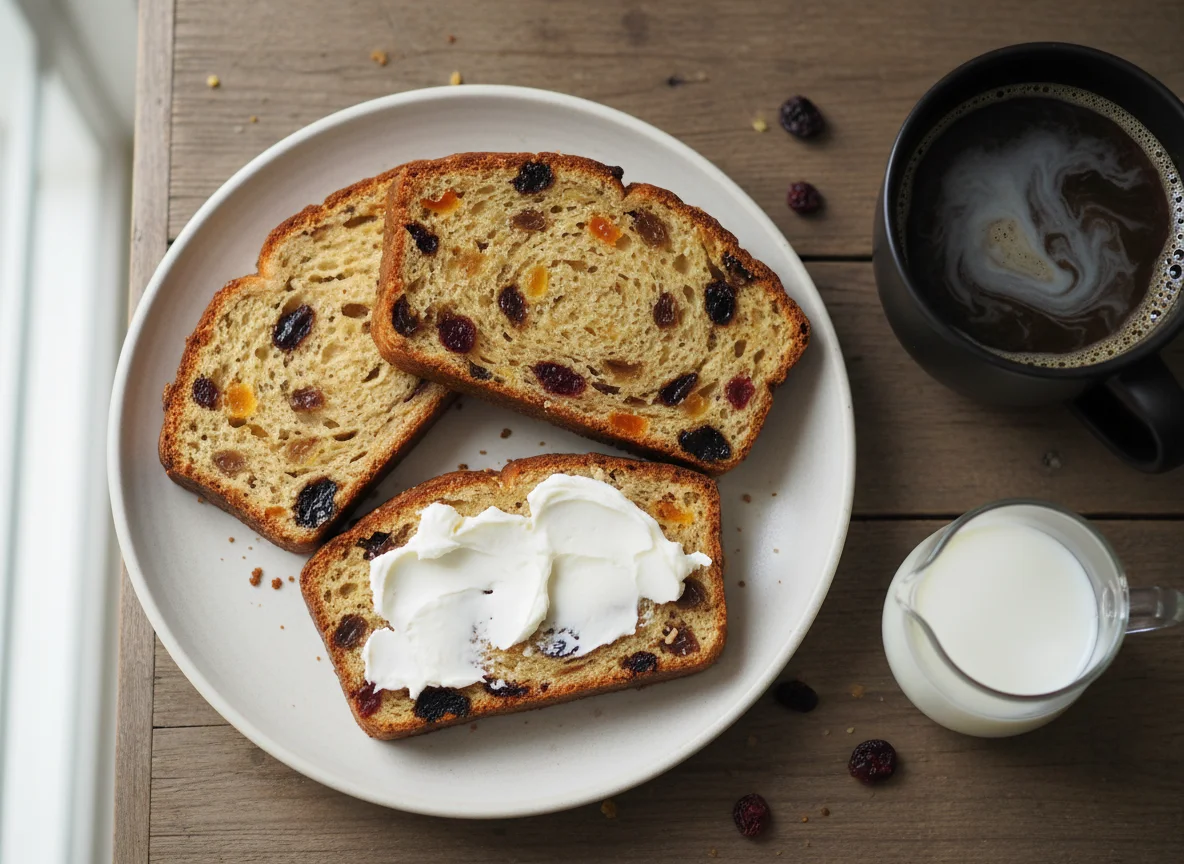 Fruit Bread with Cream and Coffee photo