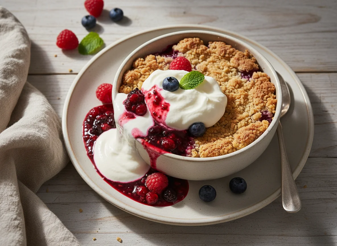 Fruit Crumble with Cream and Berry Sauce photo
