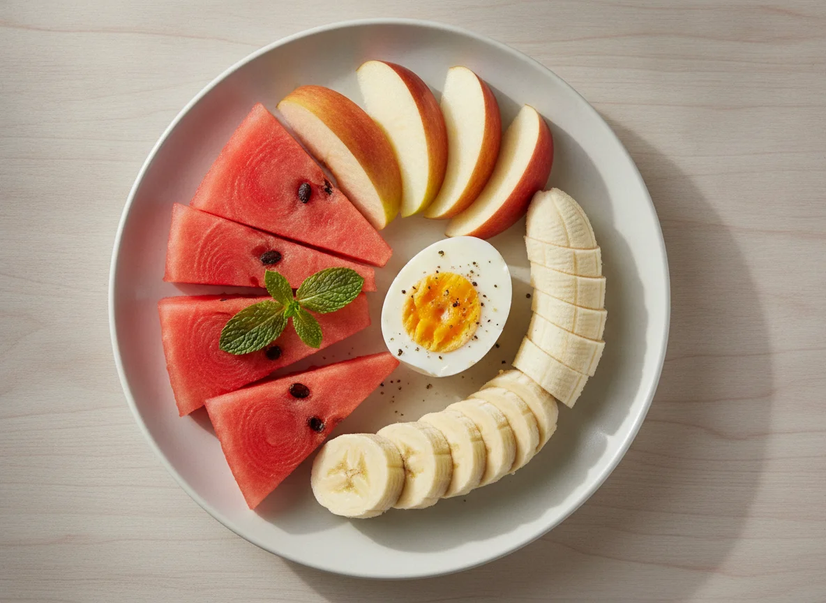 Fruit plate with boiled egg photo