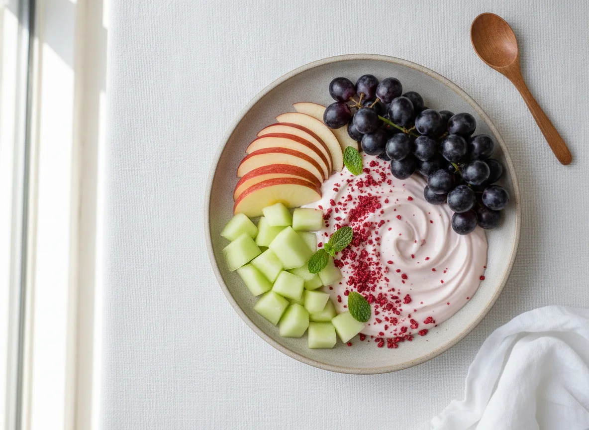 Fruit plate with raspberry yogurt photo