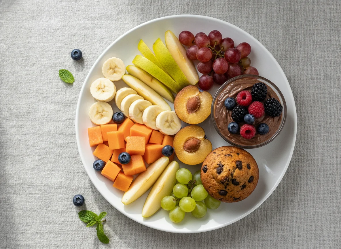 Fruit platter with muffin and protein pudding photo