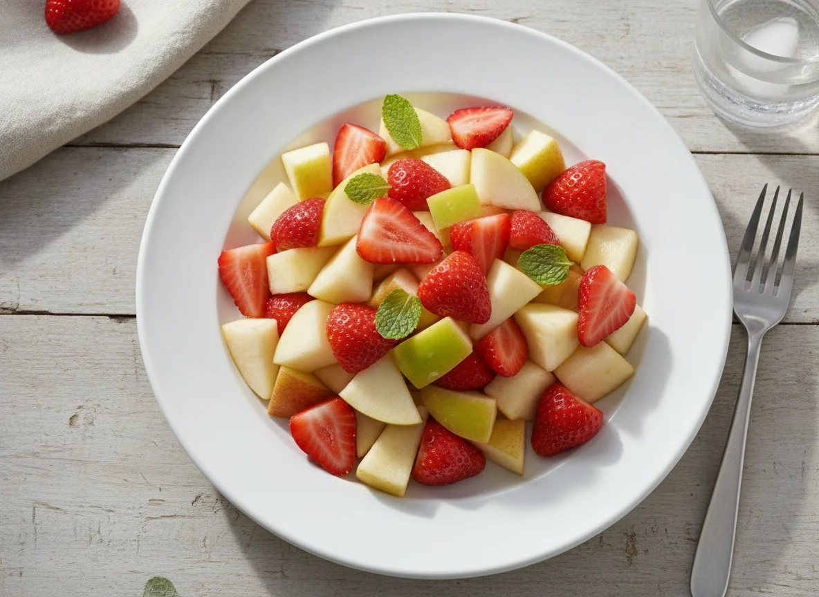Fruit salad with apple, pear and strawberries photo