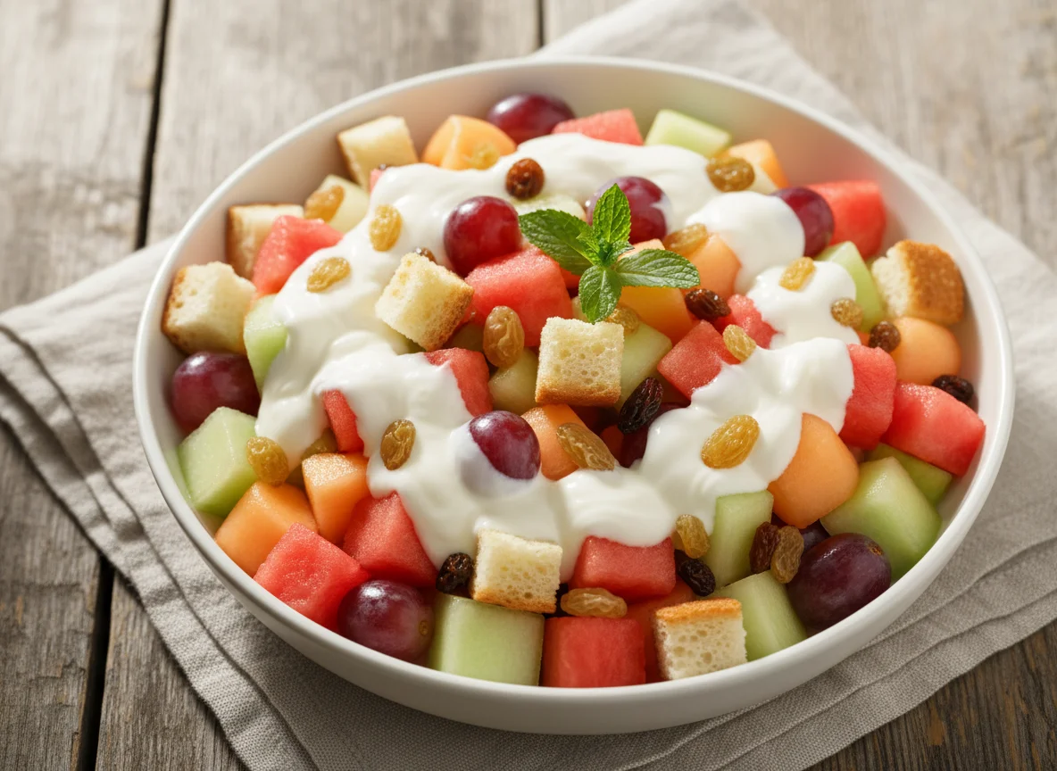 Fruit Salad with Cream and Raisins photo