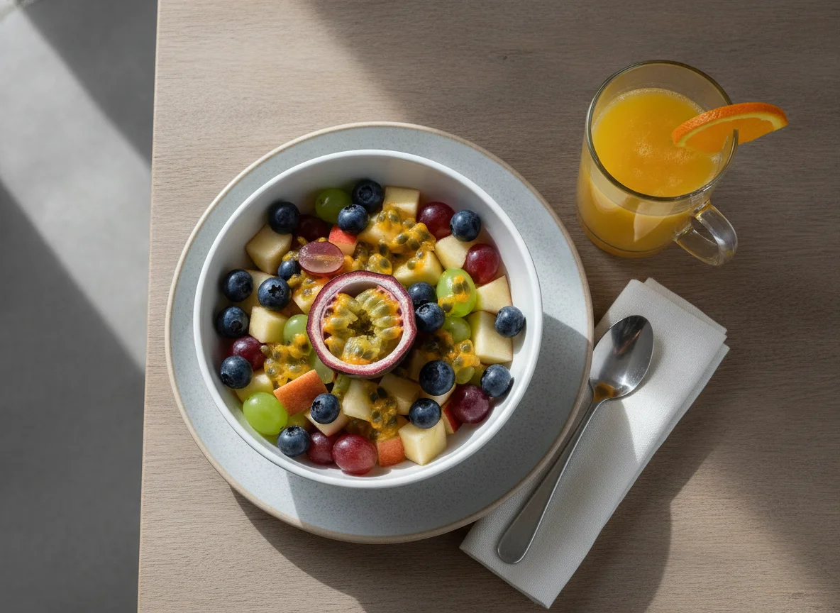 Fruit salad with orange juice photo