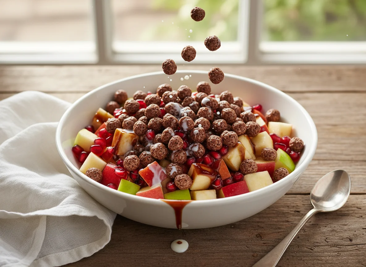 Fruit salad with syrup and chocolate cereal photo