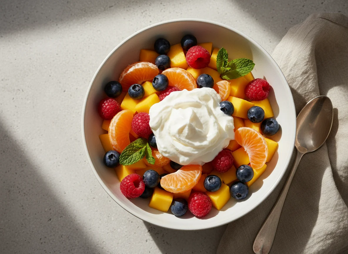 Fruit salad with whipped cream photo