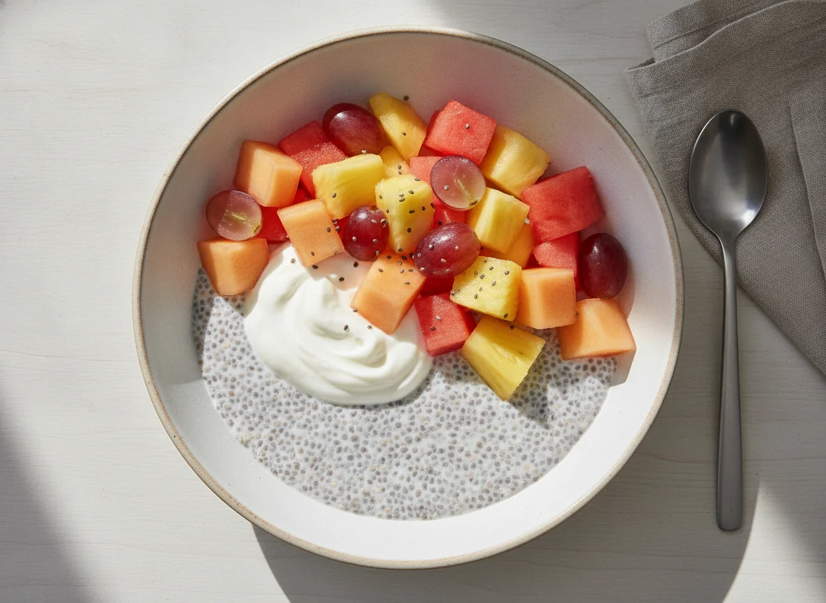 Fruit salad with yogurt and chia pudding photo