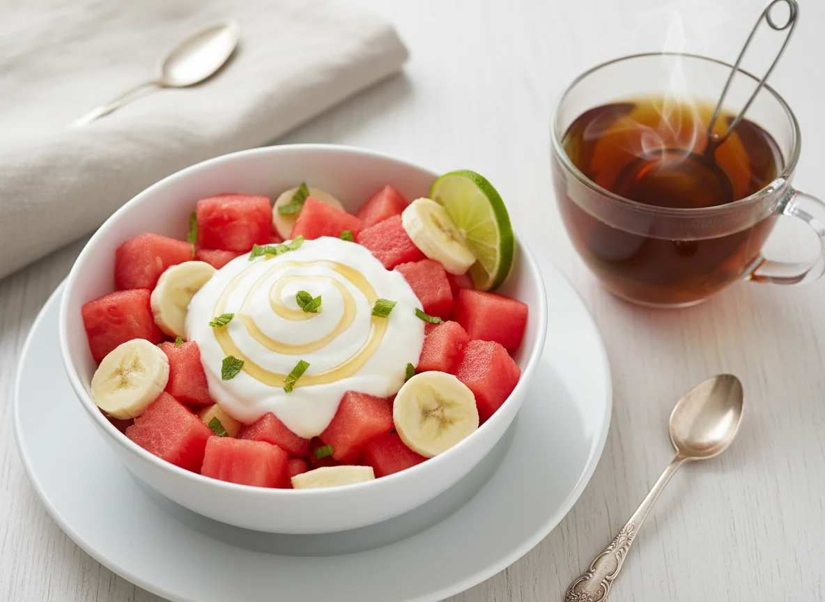 Fruit Salad with Yogurt and Hot Tea photo