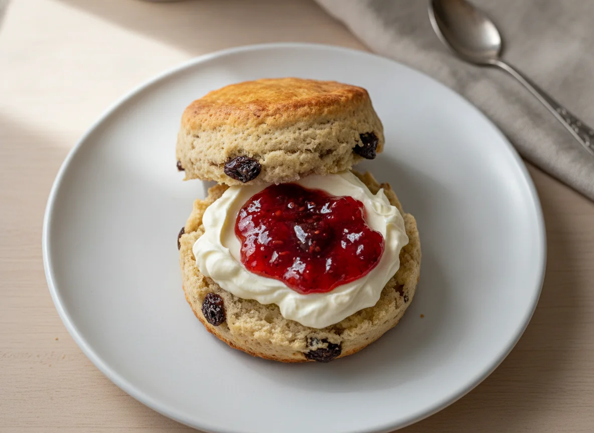 Fruit Scone with Clotted Cream and Strawberry Jam photo