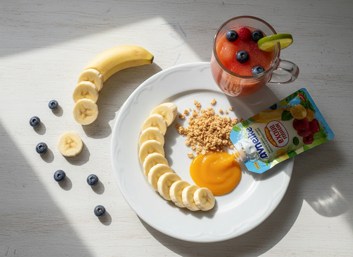 Fruit snack with banana and juice photo