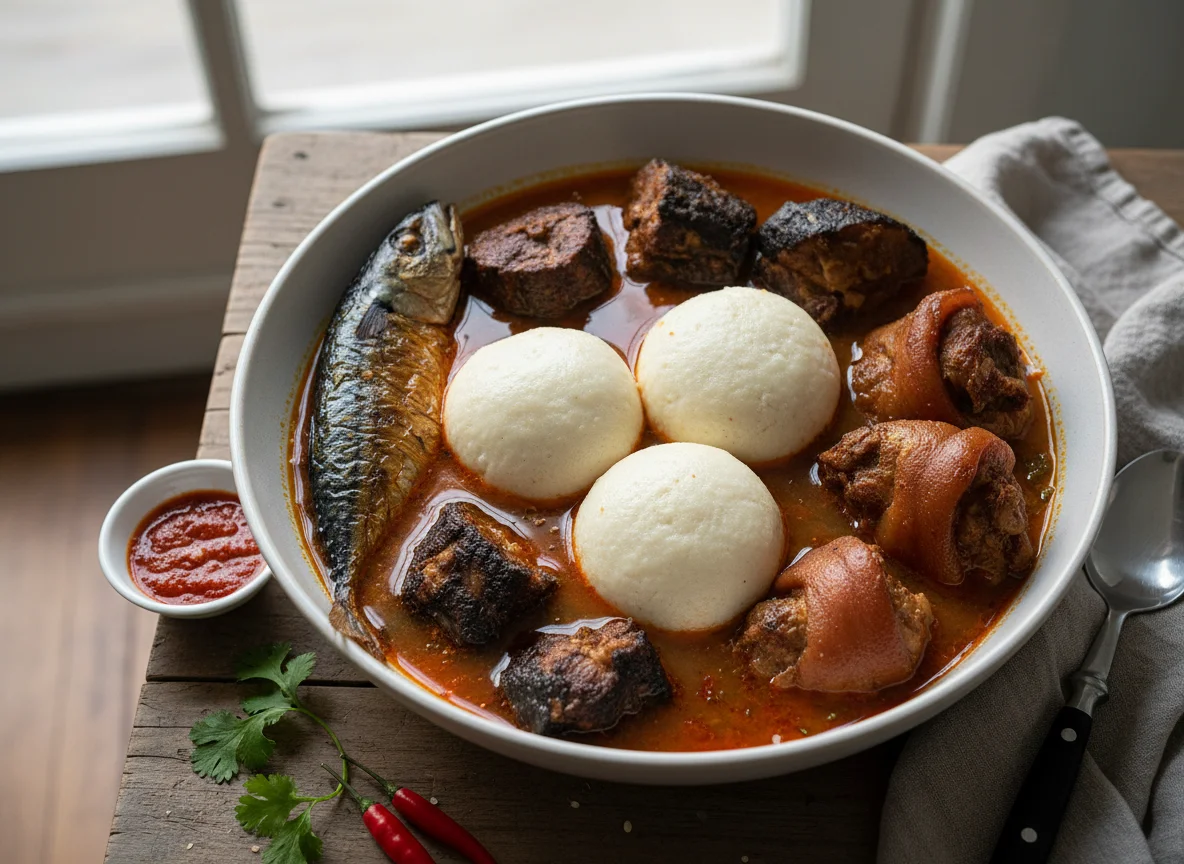 Fufu with Light Soup and Assorted Meats photo