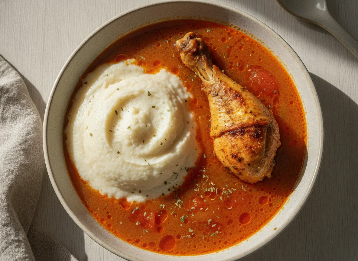 Fufu with Light Soup and Chicken photo