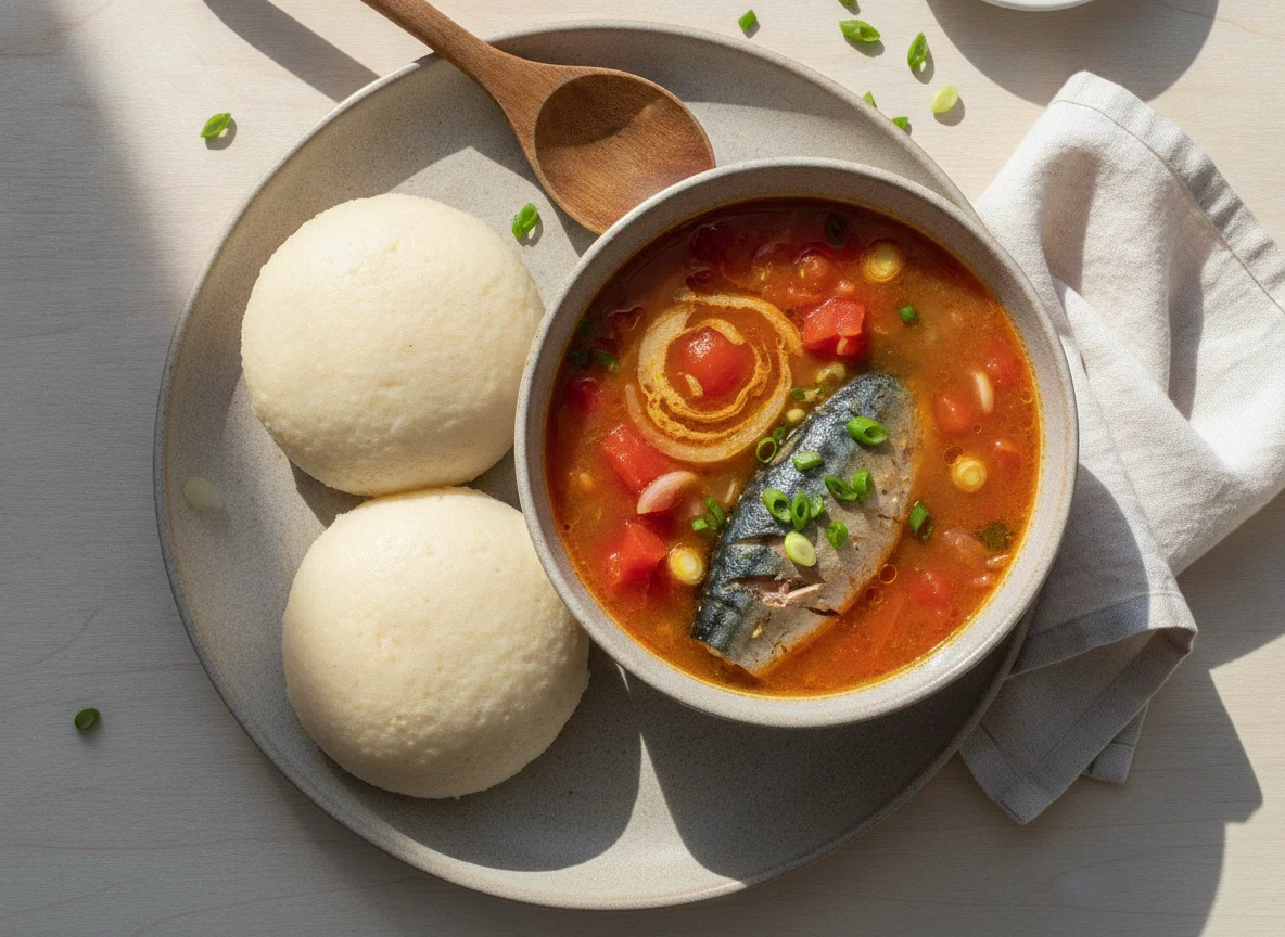 Fufu with Light Soup and Fish photo