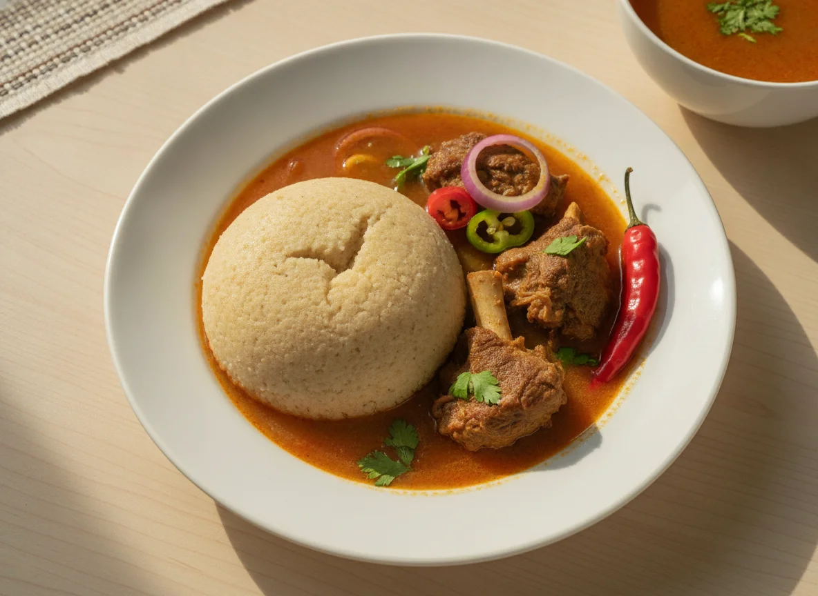 Fufu with Light Soup and Meat photo