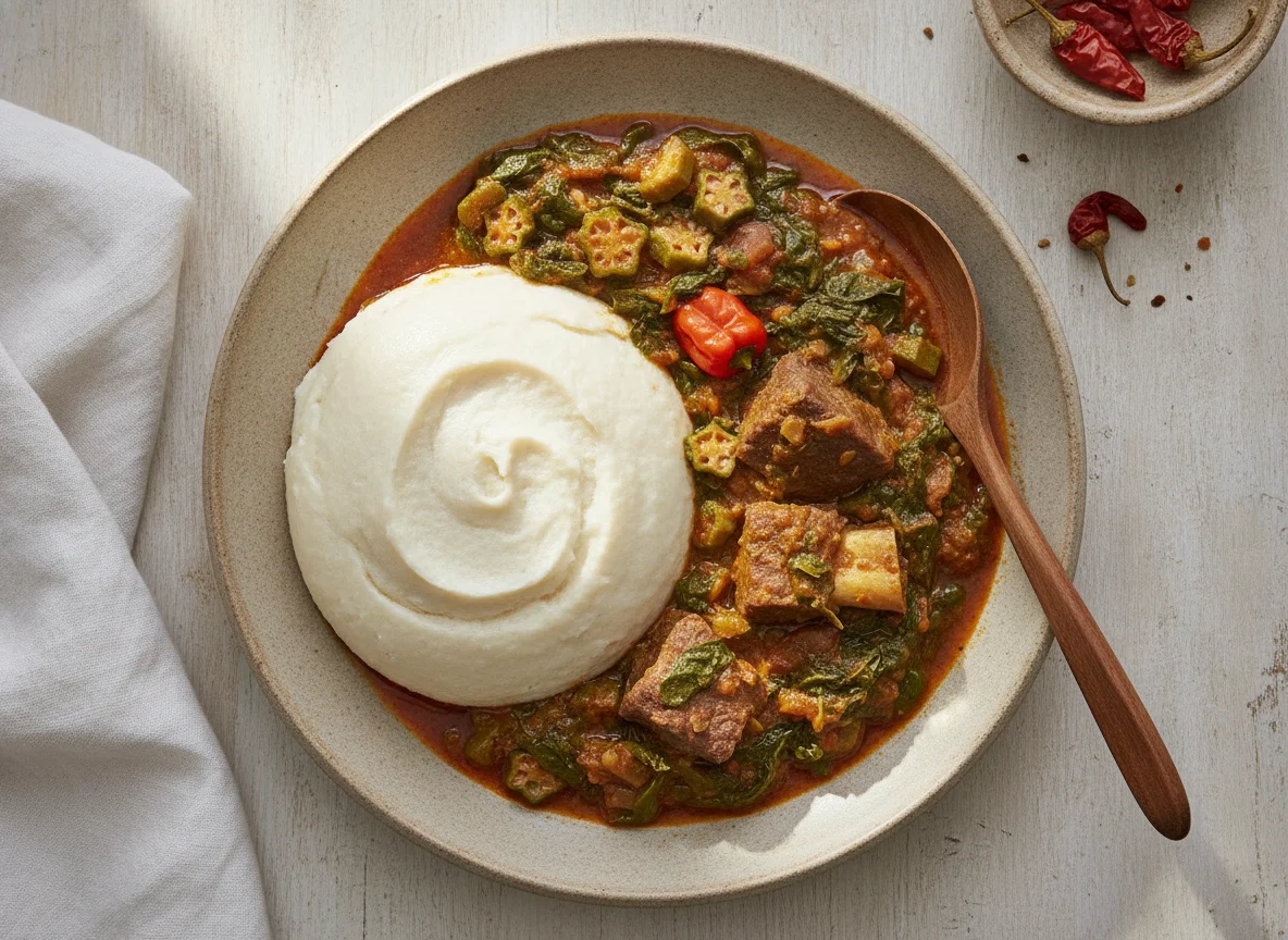 Fufu with Okra and Spinach Stew photo