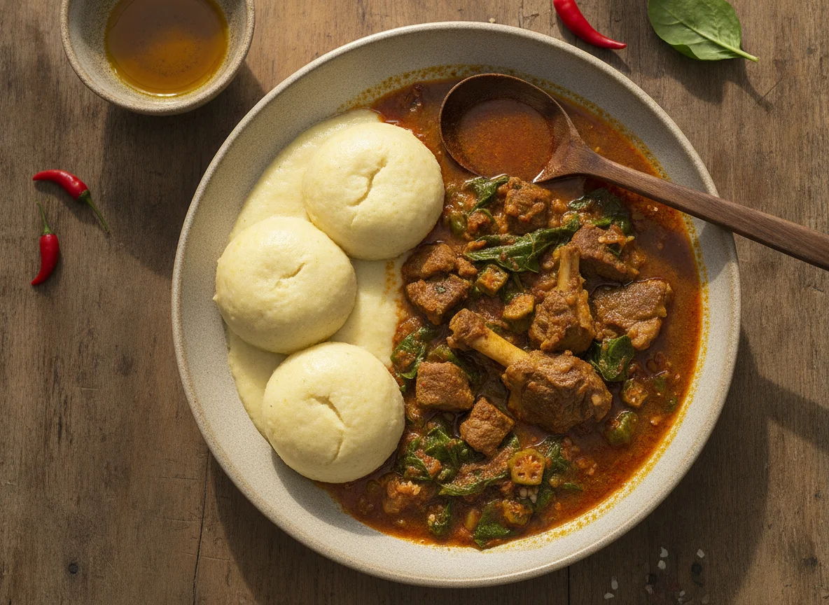 Fufu with Okra Soup and Meat photo