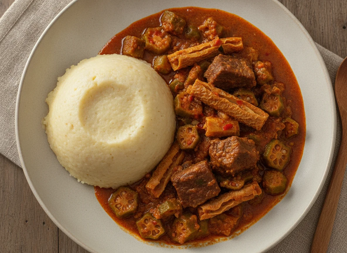 Fufu with Okra Stew and Meat photo