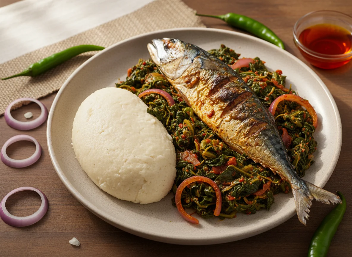 Fufu with Stewed Greens and Fish photo