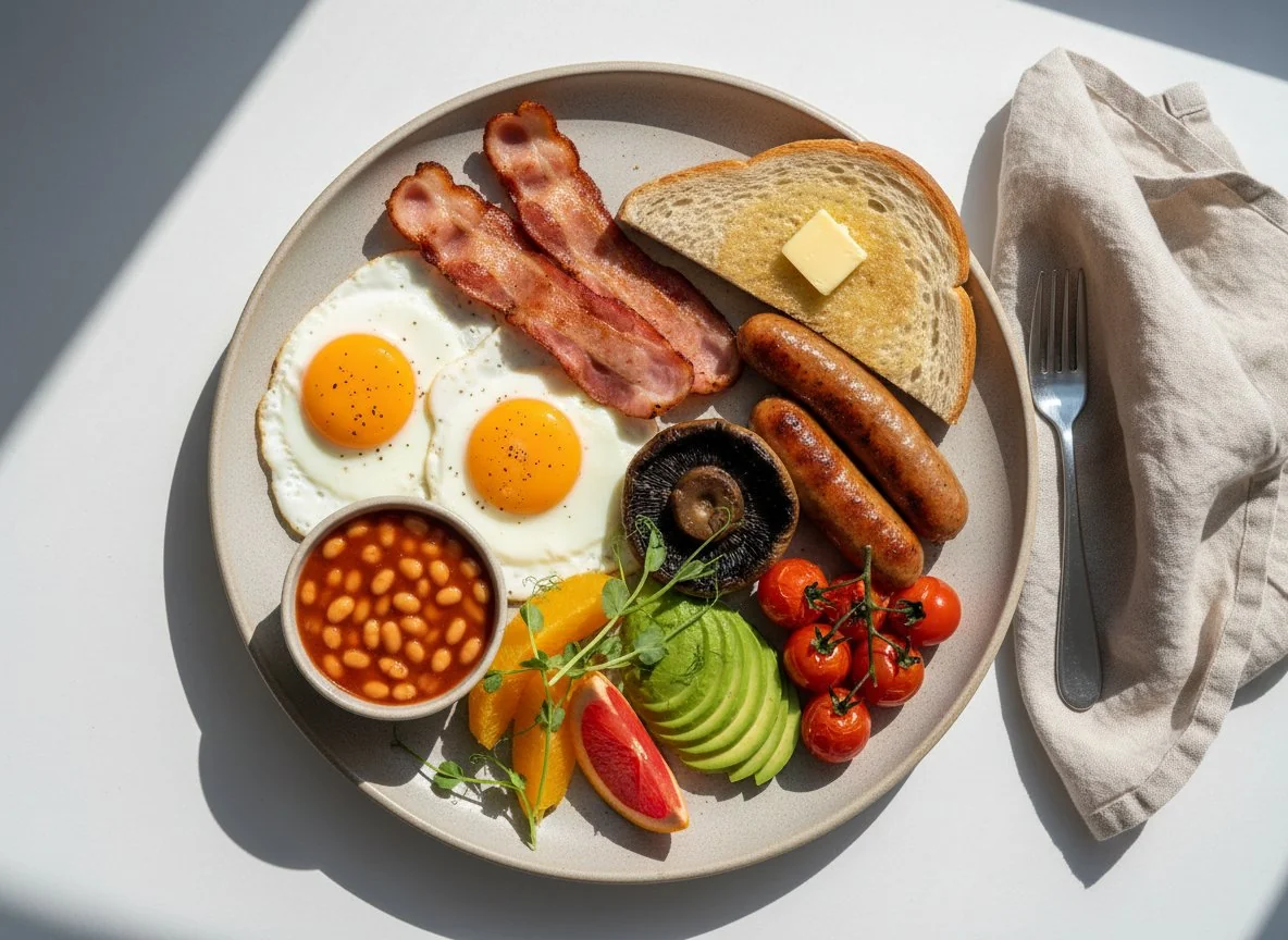 Full English Breakfast with Avocado and Fruit photo