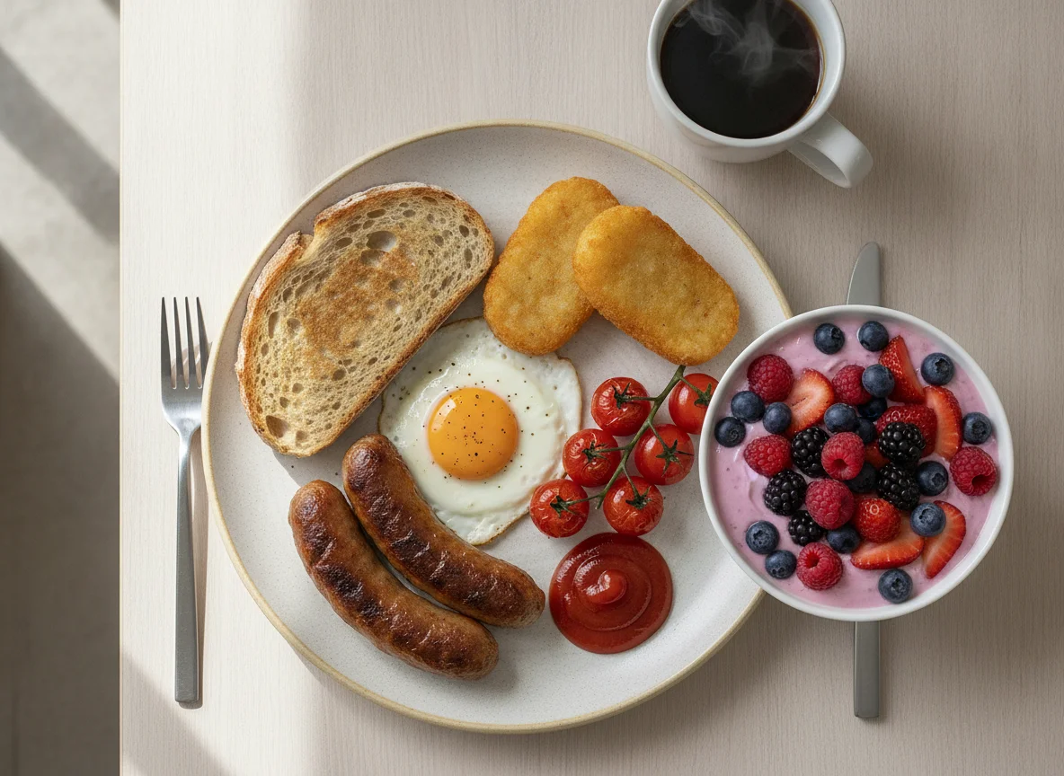 Full English Breakfast with Fruit and Yogurt photo