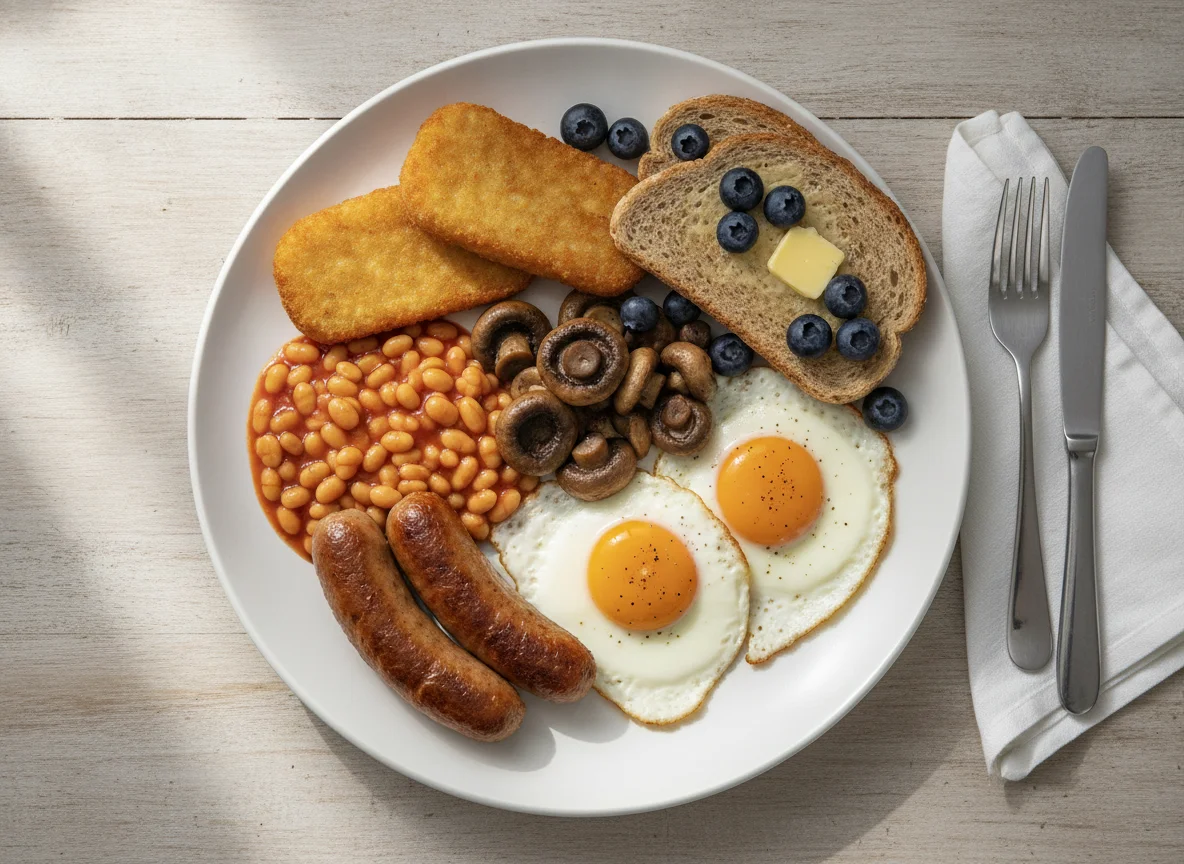 Full English Breakfast with Toast and Blueberries photo