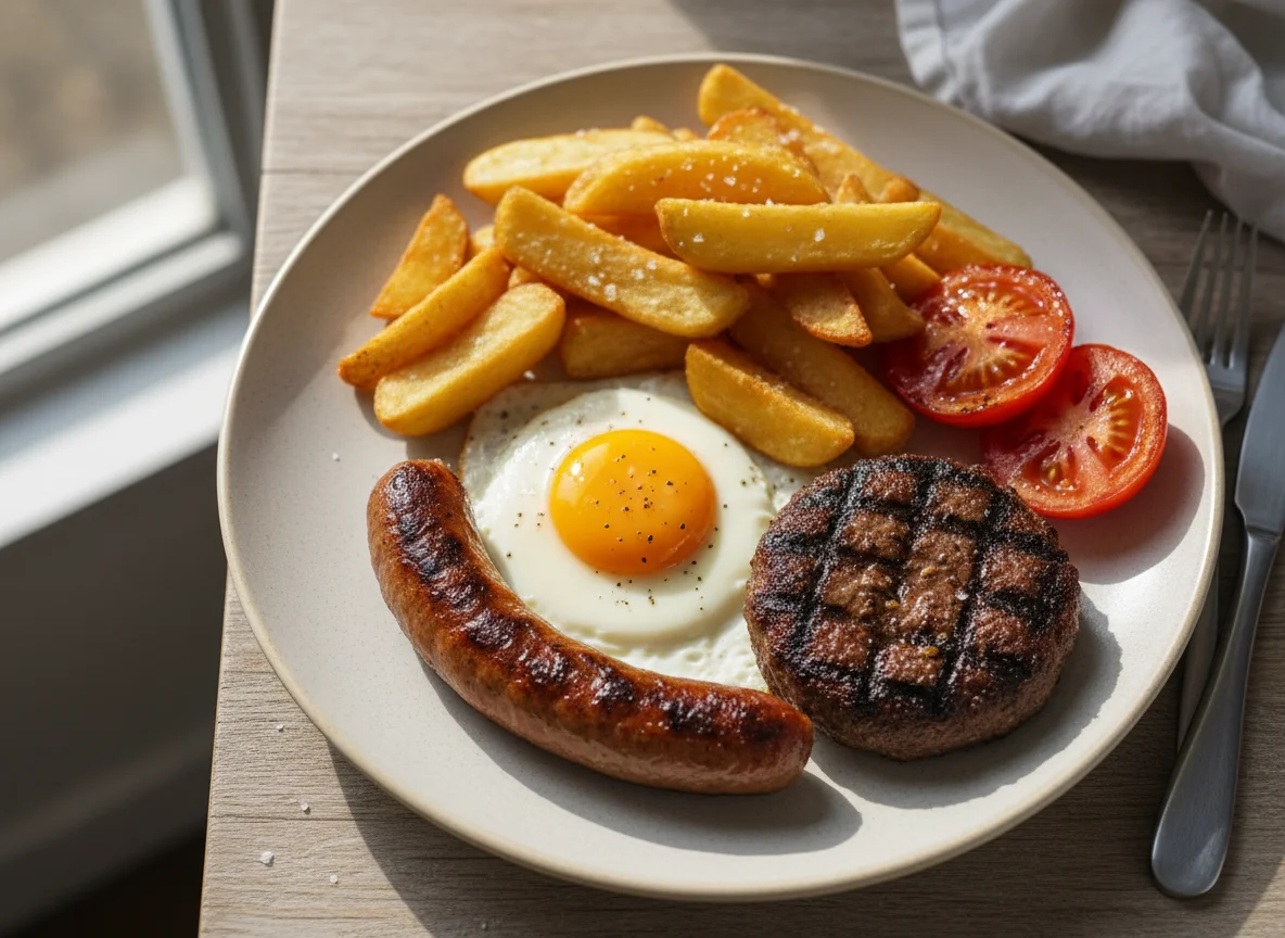 Full English style breakfast with chips photo