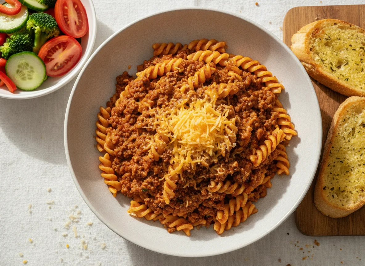 Fusilli Bolognese with Garlic Bread and Salad photo