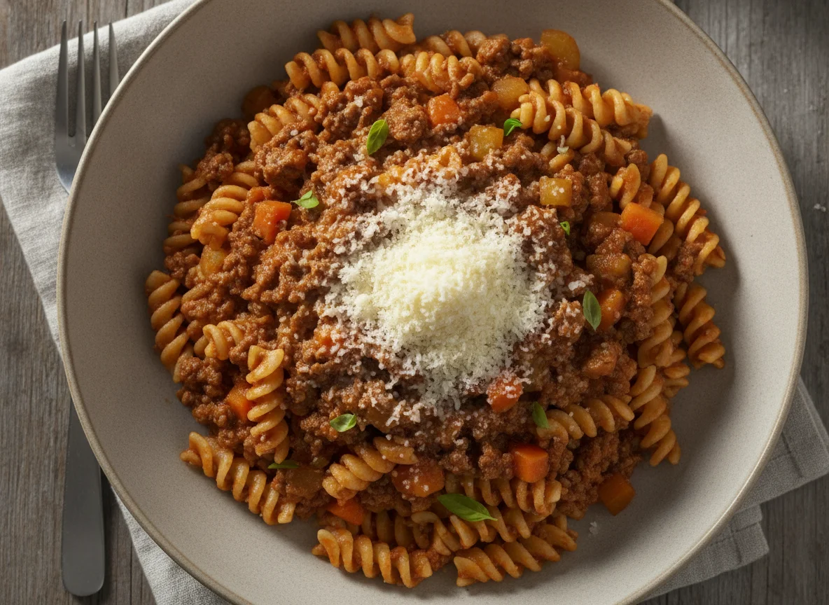 Fusilli Bolognese with Parmesan photo