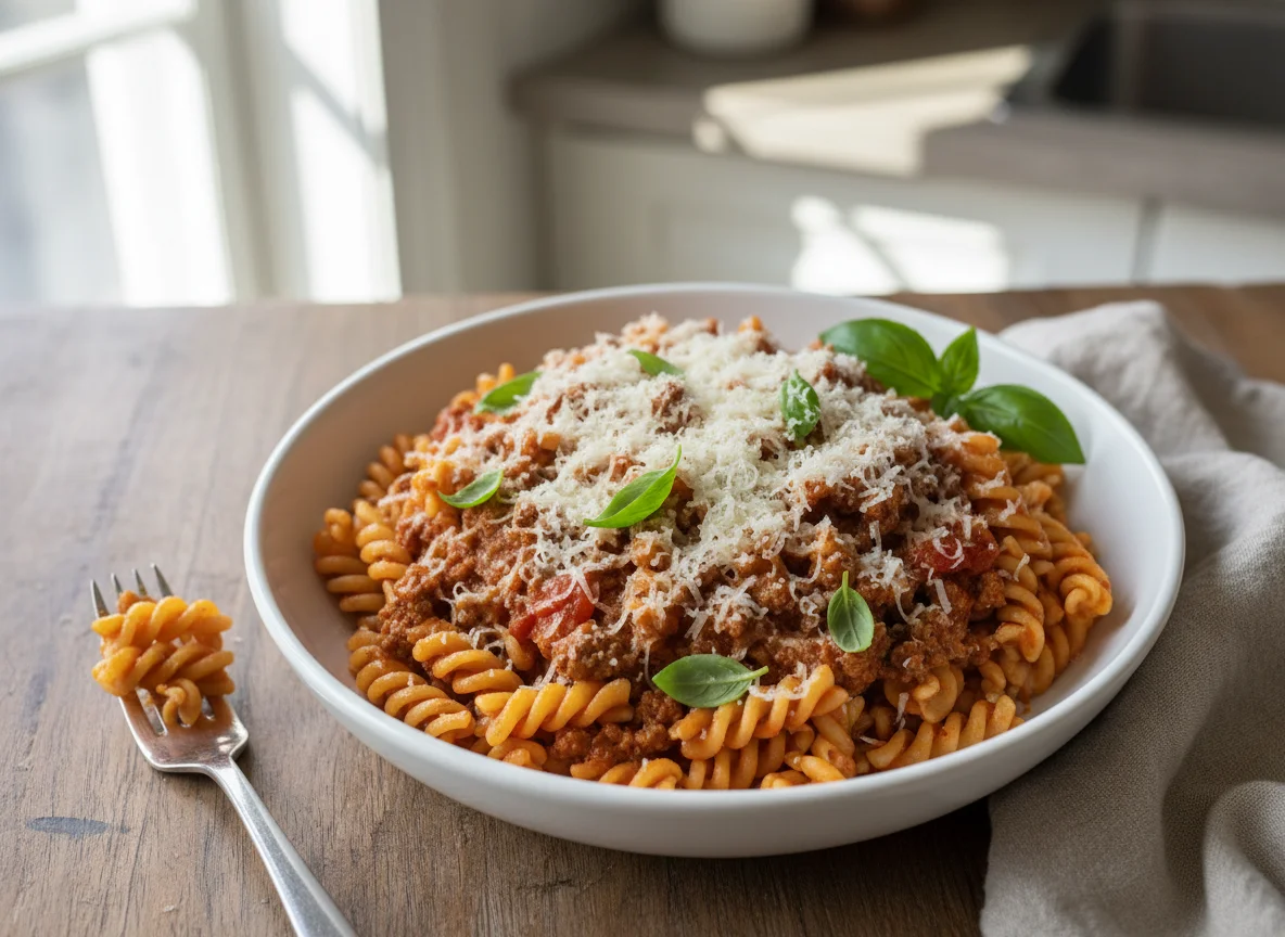 Fusilli Bolognese with Parmesan and Basil photo