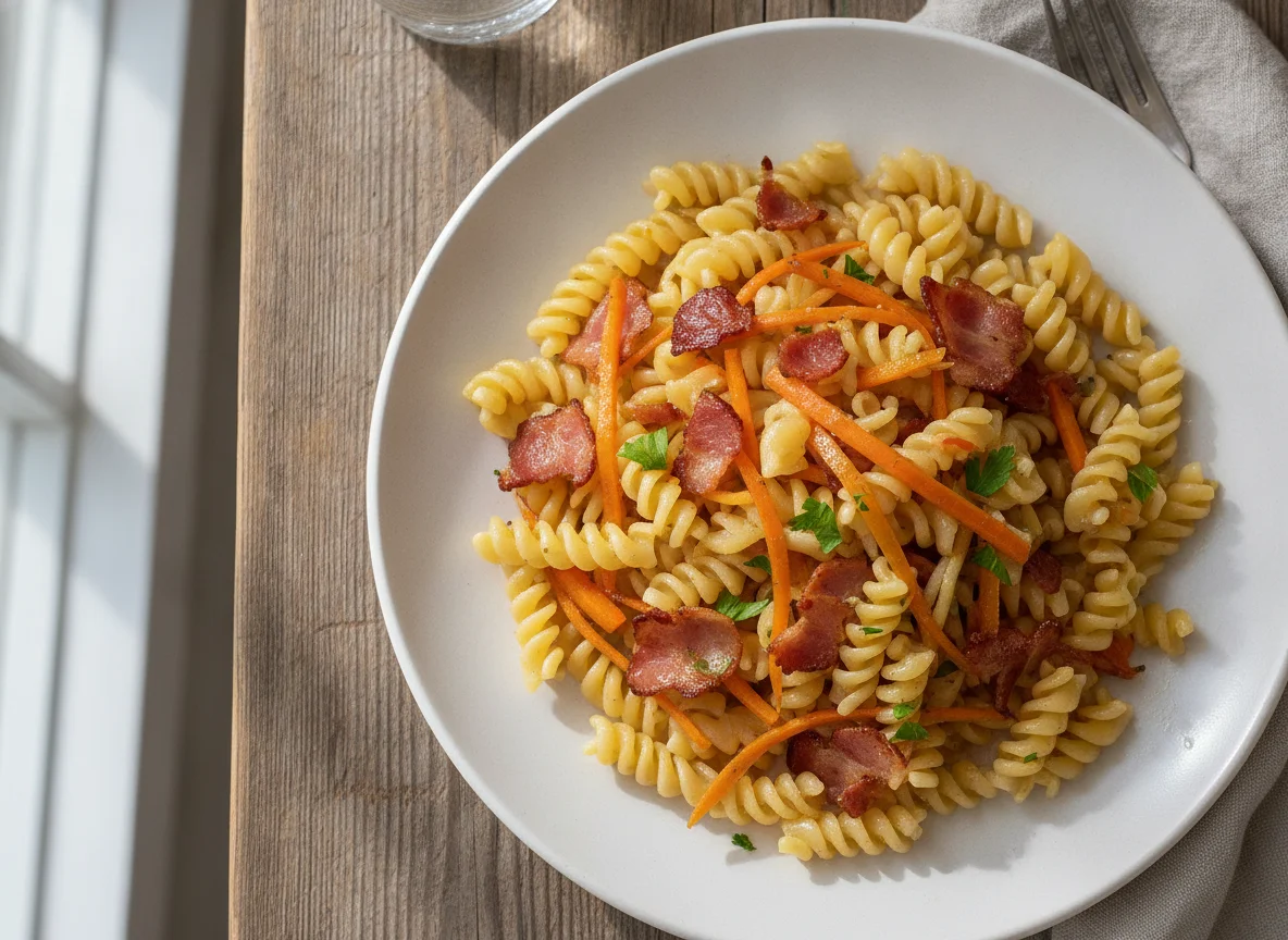 Fusilli pasta with bacon and carrots photo