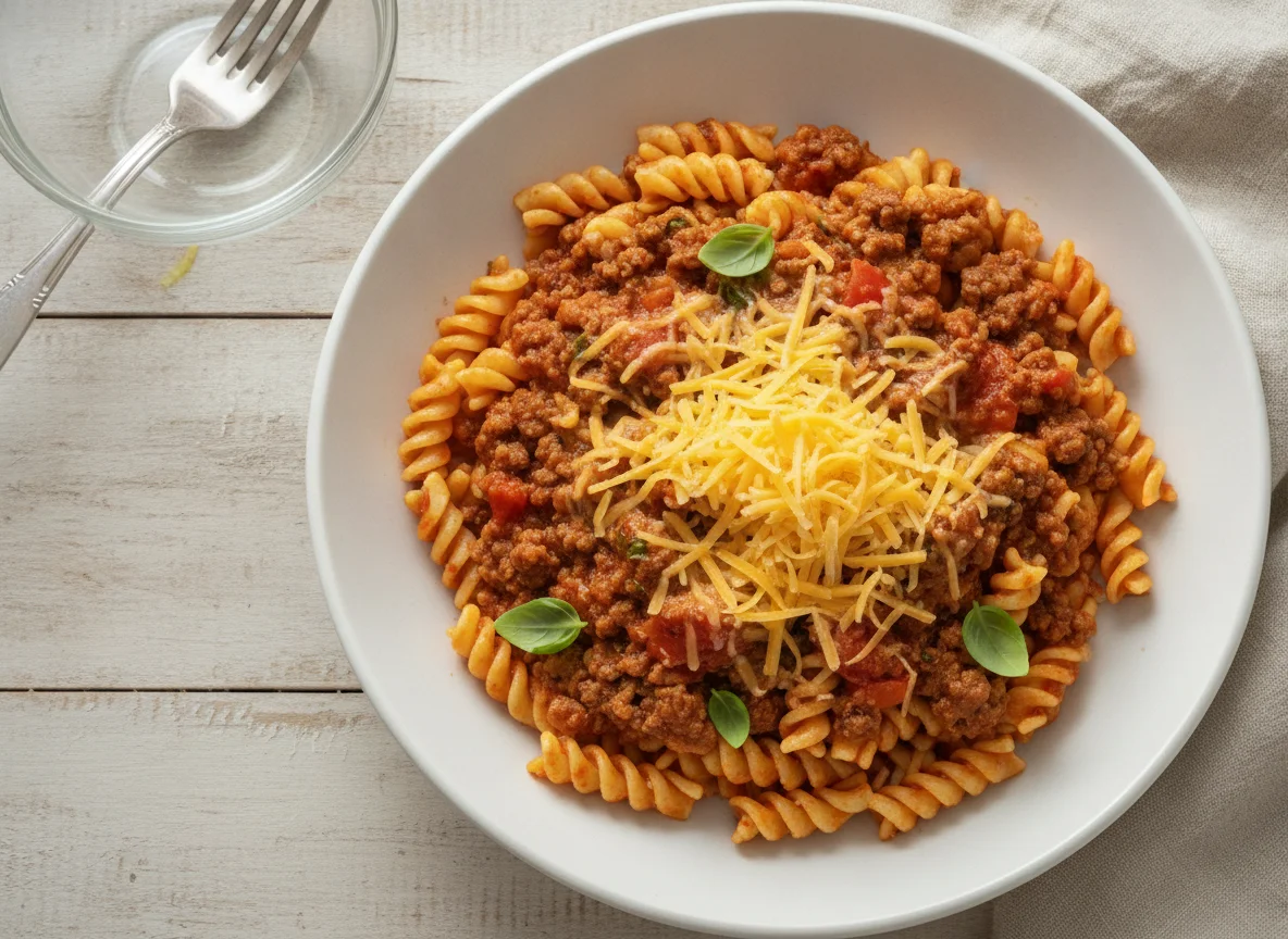 Fusilli Pasta with Bolognese Sauce and Grated Cheese photo