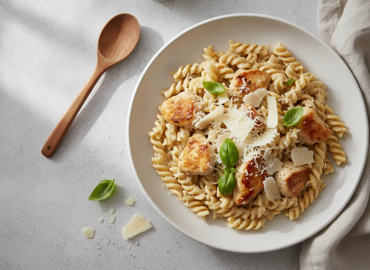 Fusilli pasta with chicken and parmesan photo